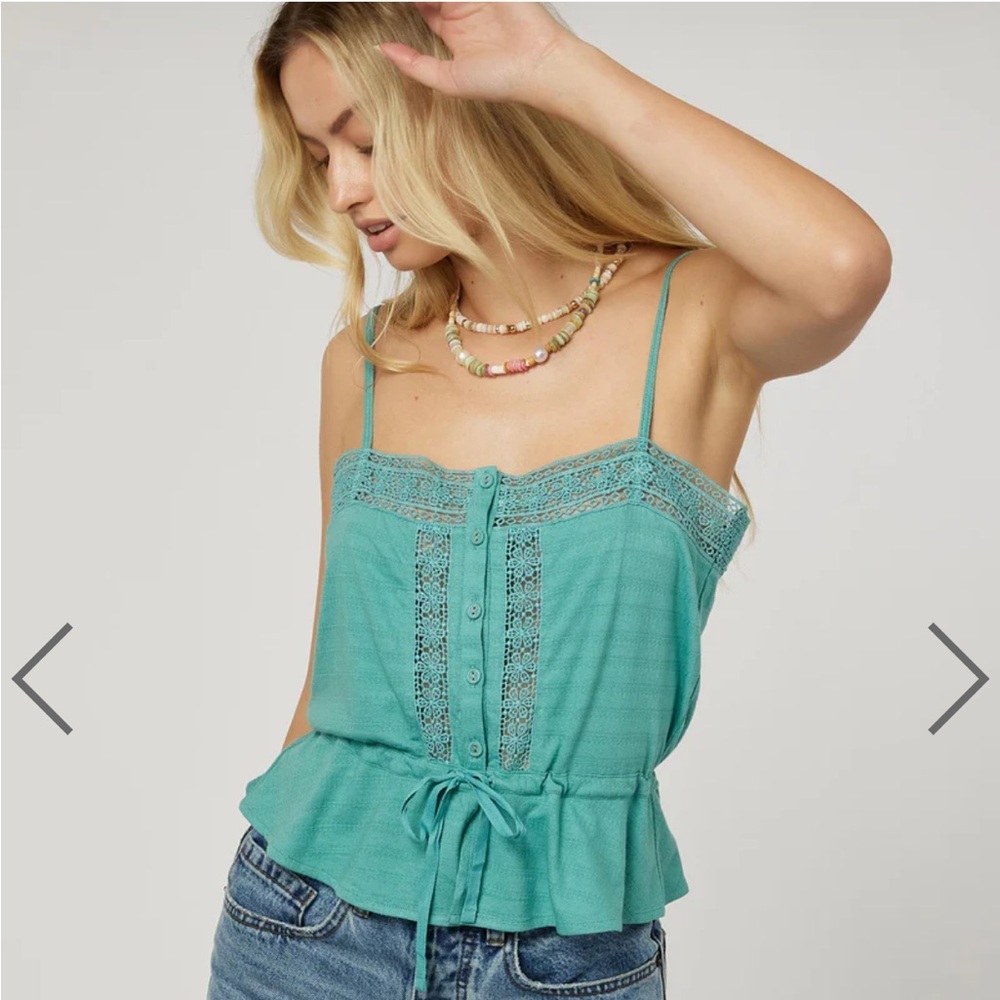 O’Neill Sunbeam Teal Cotton Floral Crocet Lace Trim Camisole Tank Top NWOT